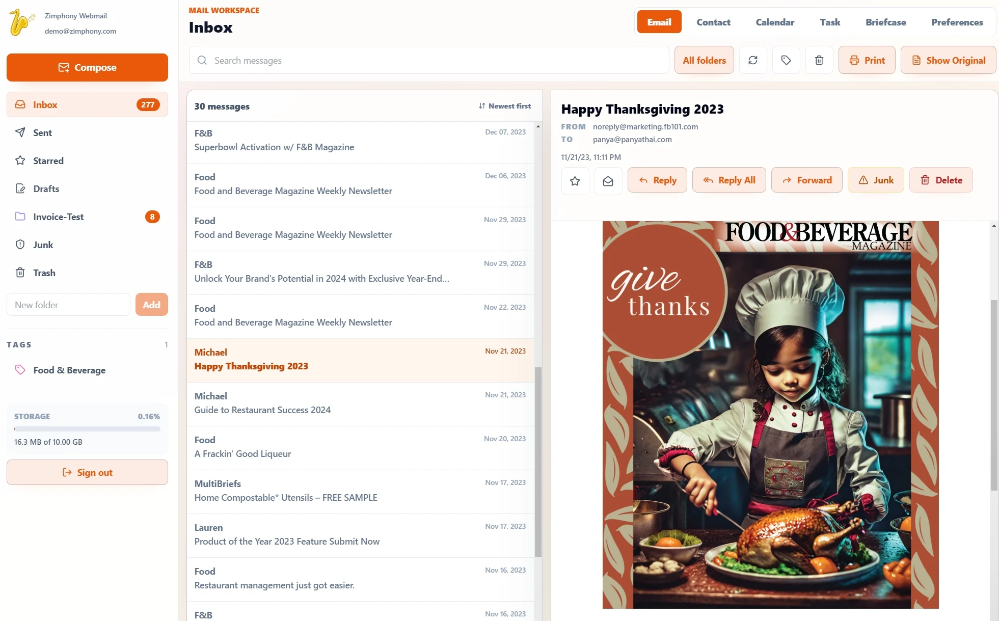 Zimphony Webmail inbox with folders, message list, and reading pane