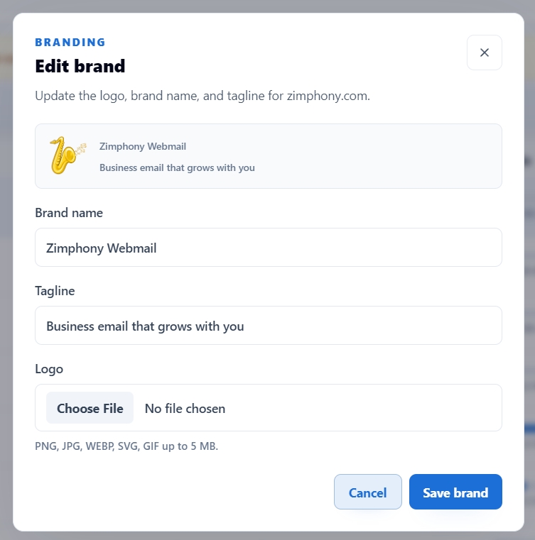 Zimphony per-domain brand settings for logo, brand name, and tagline