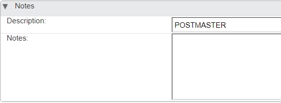 Zimbra Administration Notes section with Description set to POSTMASTER