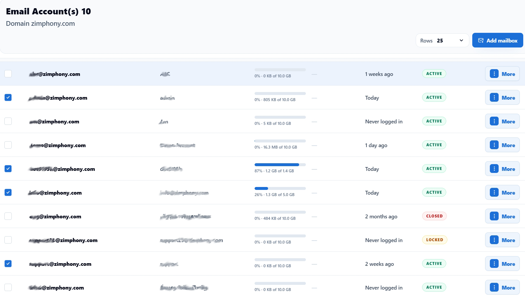 Zimphony Domain Admin Portal showing domain-scoped account administration