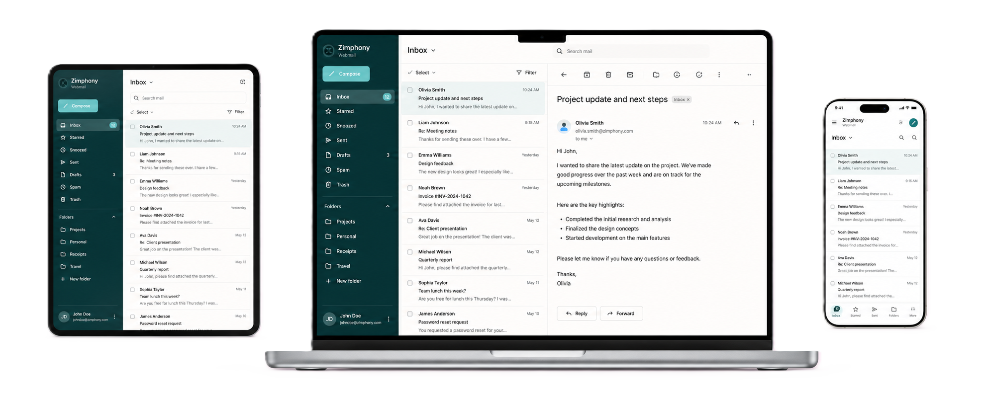 Zimphony Webmail on iPad, MacBook, and iPhone